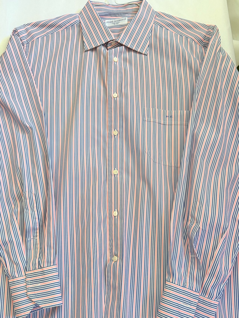 Eddy Monetti Italian Long-Sleeve Striped Dress Shirt In Blue & Pink - Xl